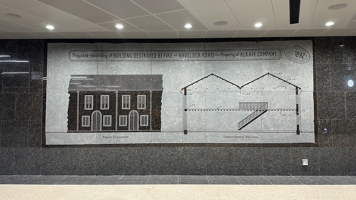 Architectural plan of a building carved into granite, found at Havelock Station, Singapore