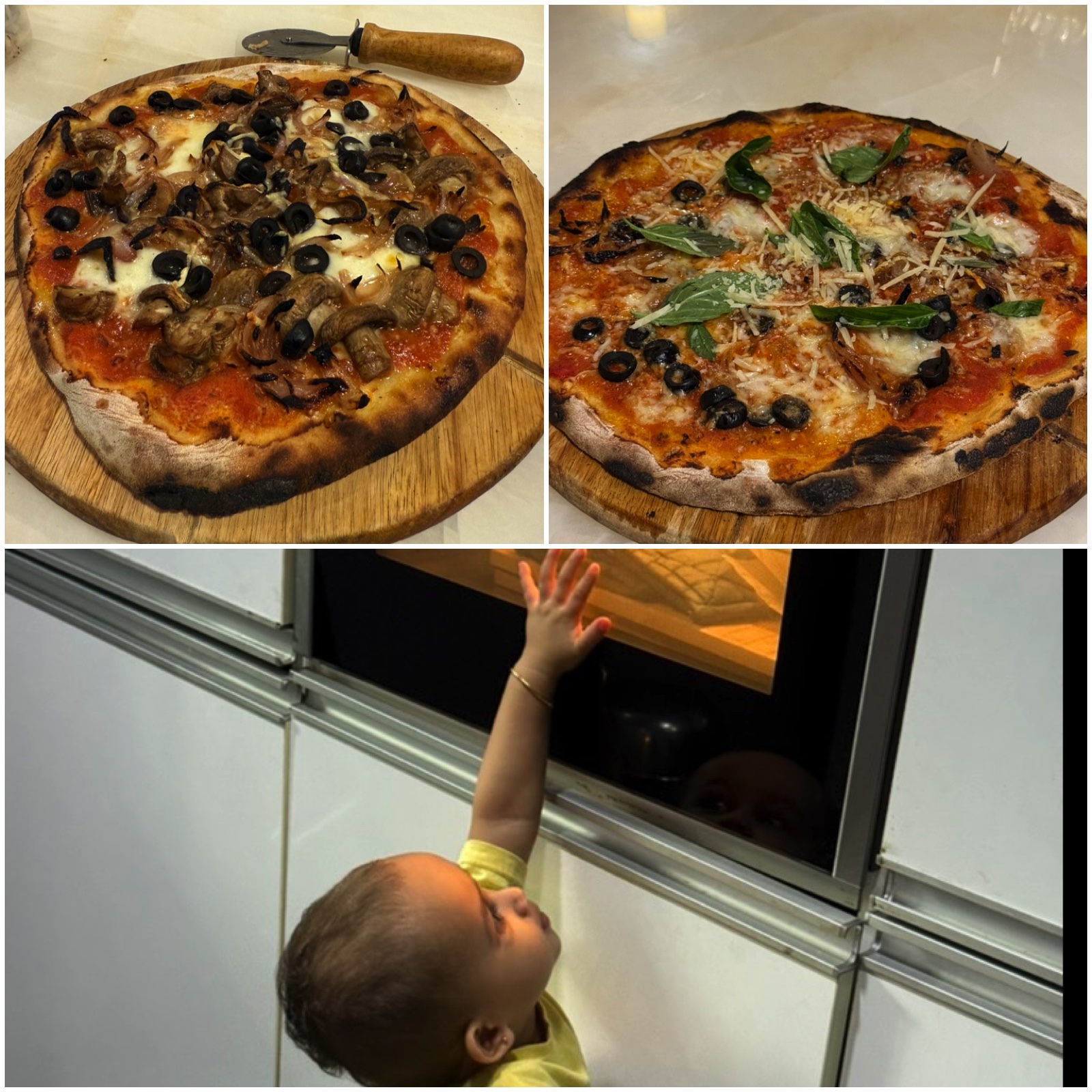 3 photos: mushroom pizza, margarita pizza, and the kiddo reaching out the oven where the dough is proofing