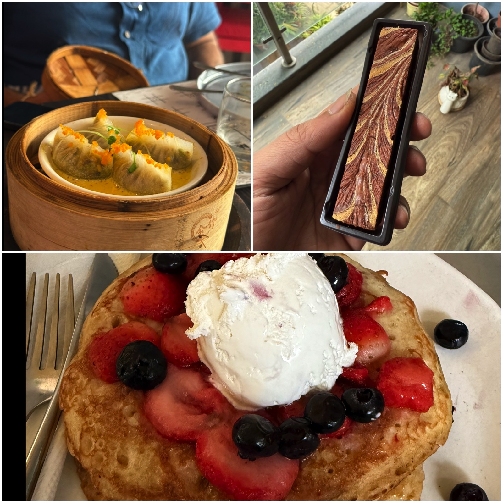 3 photos: asparagus dim-sums, earl grey infused brownie from Japan, blueberry pancakes