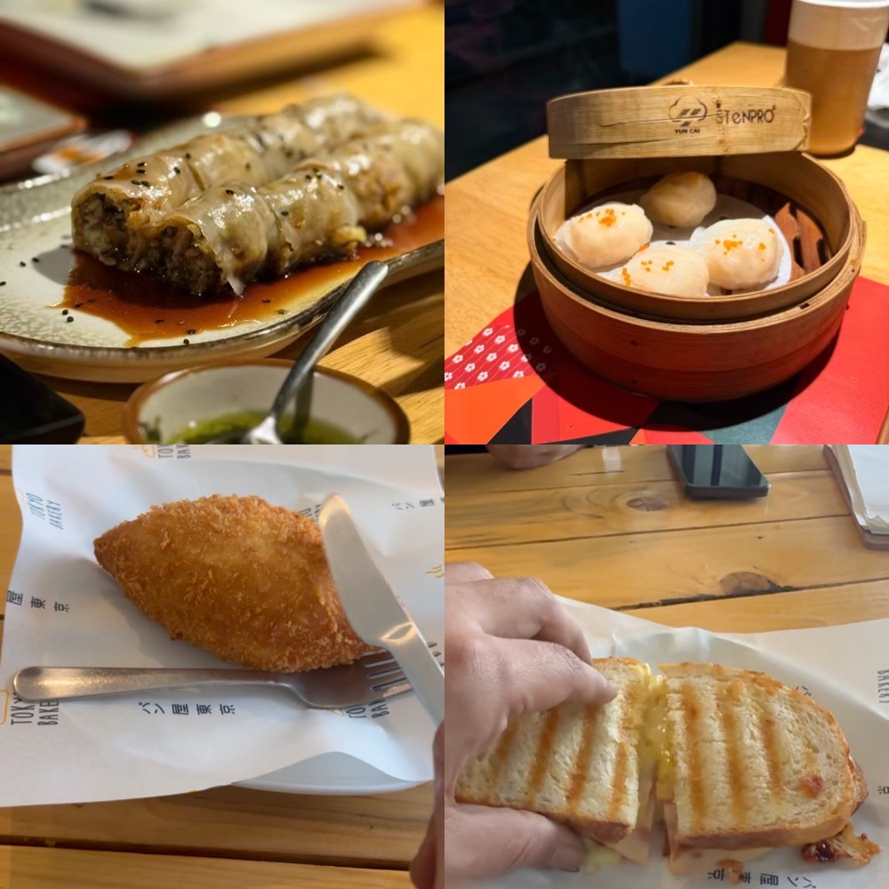 Top-Left to bottom-right: Mushroom Chang-Mai rolls, prawn hargao, chicken katsu bread roll, ham and cheese sourdough sandwich