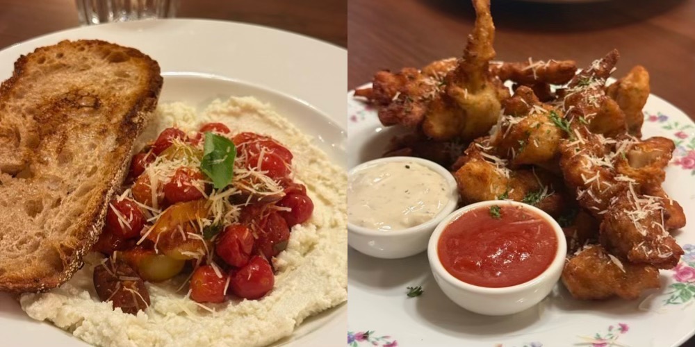 Left to right: tomatoes and cheese, mushroom fritters