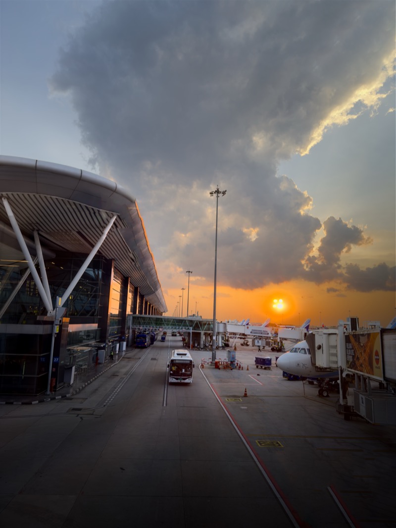 Bengaluru Airport Terminal 1 glistens in the golden light of the setting sun