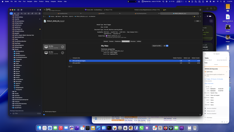 Xcode window open to the Pockity project showing the NLP model file metadata