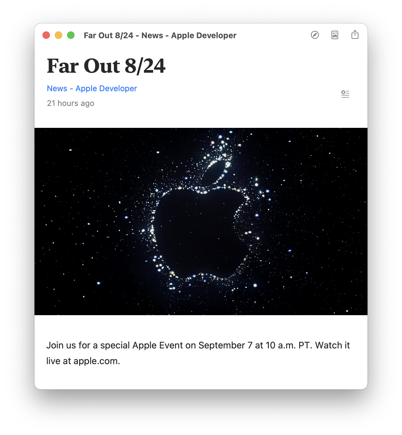 Apple's September 2022 blog post announcement screenshot